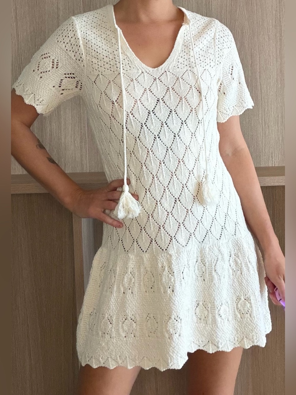 Zara White Crochet Tassel Swim Cover-Up Dress